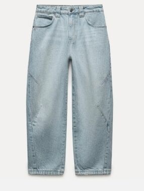 Zara Light Blue Women's Relaxed Fit Wide Leg Cropped Barrel Jeans